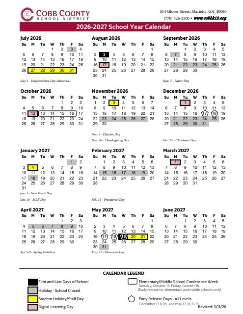 cobb county school calendar 2026-2027.