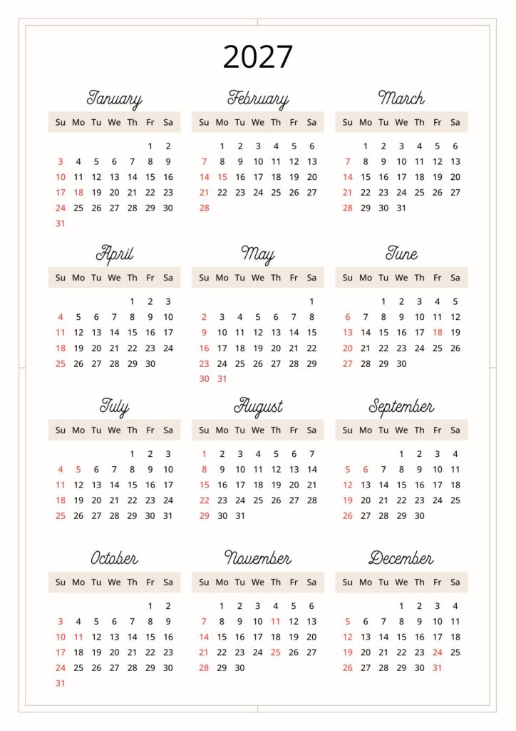 Annual 2027 Calendar Document.